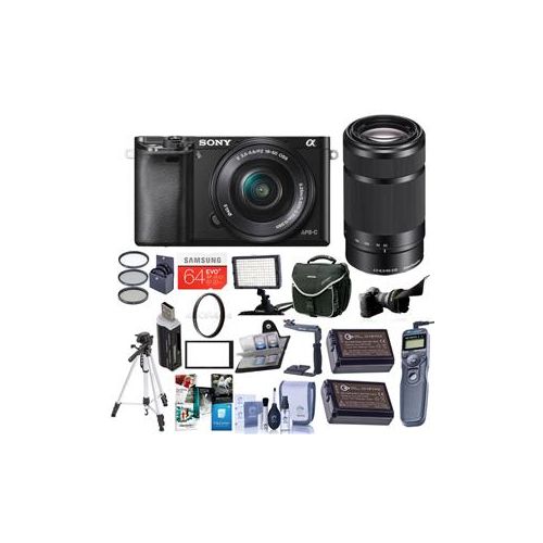  Adorama Sony Alpha A6000 Mirrorless w/ 16-50mm & 55-210mm OSS Lenses and Pro Kit, Black ILCE6000Y/B C