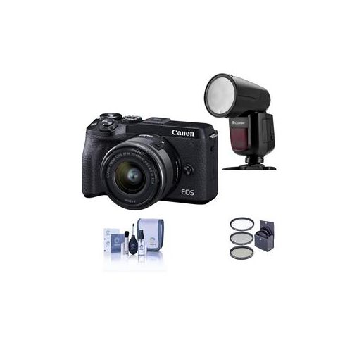  Adorama Canon EOS M6 Mark II Mirrorless Camera, 15-45mm Lens, EVF-DC2,Black W/Flash Kit 3611C011 FL