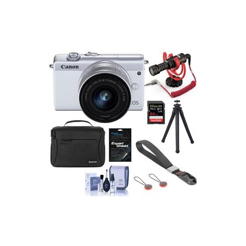  Adorama Canon EOS M200 Mirrorless Camera with EF-M 15-45mm Lens, White With Vlogger Kit 3700C009 G