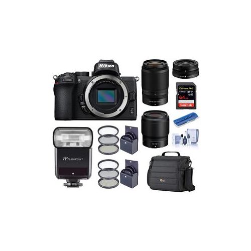  Adorama Nikon Z50 DX-Format Camera w/16-50mm and 50-250mm Lenses, TTL Flash, And ACC Kit 1632 L1FL