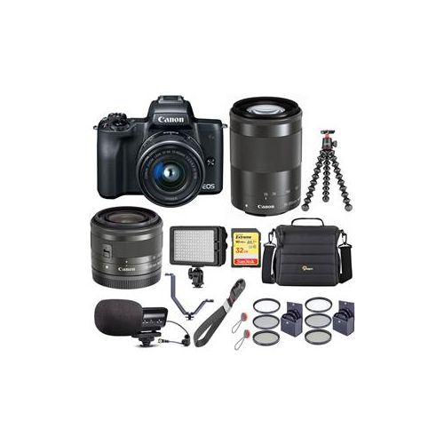  Adorama Canon EOS M50 Mirrorless Camera, EF-M 15-45mm & 55-200mm Lenses Black W/ACC KIT 2680C021 D