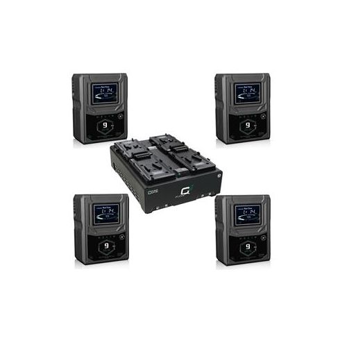  Adorama Core SWX Fleet-Q4Si 4-Position Charger With 4 Helix 9 Mini V-Mount Batteries FLEET-Q4SI A