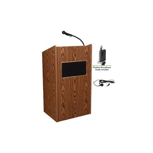  Adorama Oklahoma Sound Aristocrat 6010 Lectern with Wireless Lavalier Mic, Medium Oak 6010-MO/LWM-6