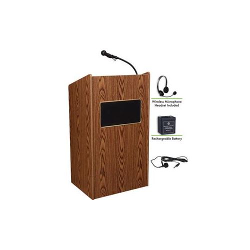  Adorama Oklahoma Sound Aristocrat 6010 Lectern, Wireless Headset Mic, Battery,Medium Oak M6010-MO/LWM-7