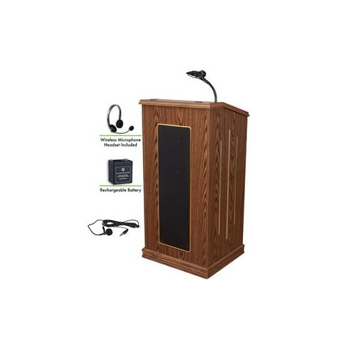  Adorama Oklahoma Sound Prestige 711 Lectern, Battery & Wireless Headset Mic, Medium Oak M711-MO/LWM-7