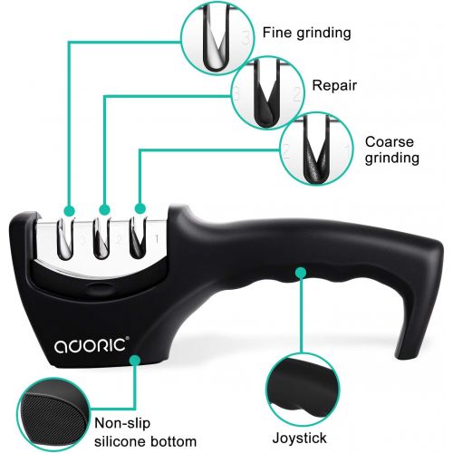  Adoric Manual 3-Stage Knife Sharpener, Tungsten Steel for Coarse Sharpening Diamond for Medium Fine Sharpening and Special Ceramic for Fine Sharpening (Black)