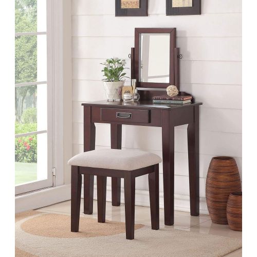  Advanced Furniture Modern Espresso Vanity Set with a Rotating Mirror Single Drawer and Cushioned Bench