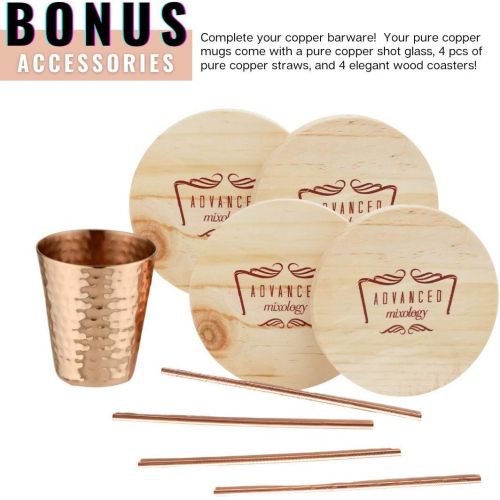  [아마존베스트]Advanced Mixology Moscow Mule Copper Mugs - 100% Pure Copper, 16 Ounce Set of 4 with 4 Artisan Hand Crafted Wooden Coasters