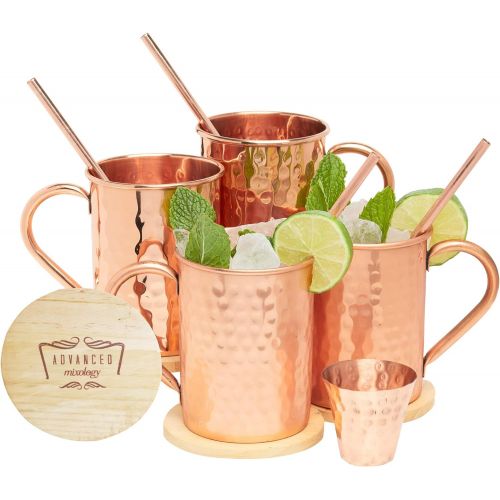  [아마존베스트]Advanced Mixology Moscow Mule Copper Mugs - 100% Pure Copper, 16 Ounce Set of 4 with 4 Artisan Hand Crafted Wooden Coasters