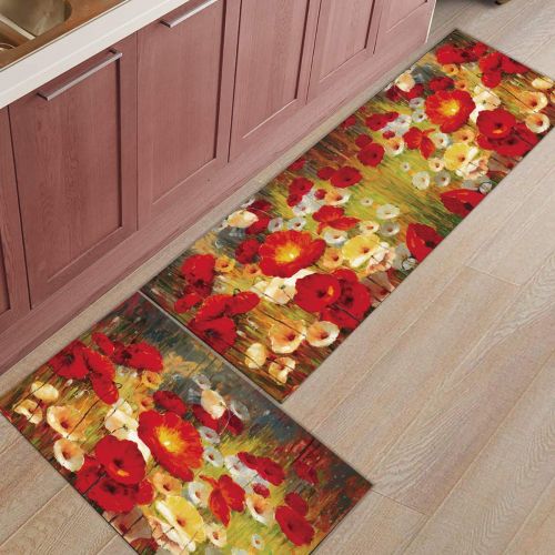  Advancey Kitchen Rugs Sets 2 Piece 15.7x23.6+15.7x47.2 Doormat Water Absorbent Non-Slip Entrance Shoes Scraper Kids Carpet Runner Rug Indoor Floor Pet Mats Floral Theme Painting Po