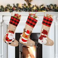 AerWo Buffalo Plaid Christmas Stockings 3 Pack, 18 Large Christmas Stockings with 3D Snowflake Santa Snowman Reindeer, Rustic Burlap Christmas Stockings for Fireplace Hanging Chris