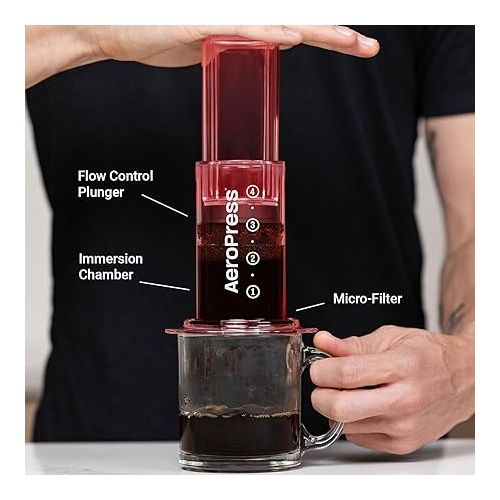  AeroPress Clear Red Coffee Press - 3 In 1 Brew Method Combines French Press, Pourover, Espresso, Full Bodied Coffee Without Grit or Bitterness, Small Portable Coffee Maker for Camping & Travel, Red
