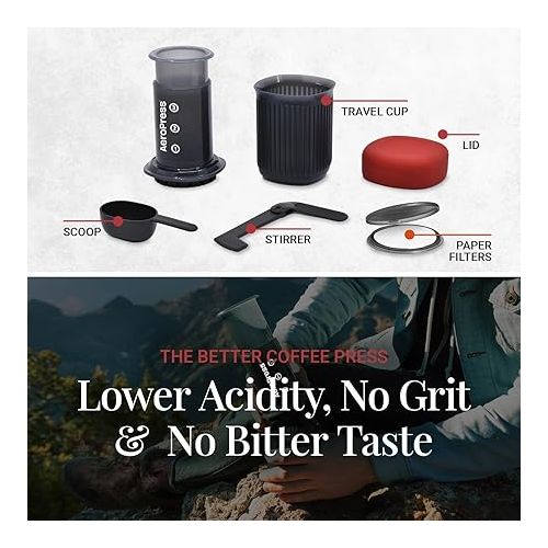  AeroPress Go Travel Coffee Press Kit - 3 in 1 brew method combines French Press, Pourover, Espresso - Full bodied coffee without grit or bitterness - Small portable coffee maker for camping & travel