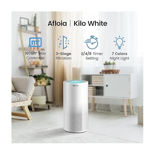  Afloia Air Purifiers for Home Bedroom Large Room Up to 1076 Ft², True HEPA Filter Air Purifier for Pets Dust Pollen Allergies Dander Mold Odor Smoke, 22dB&7 Color Light, Kilo White