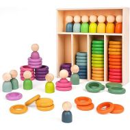 Montessori Toys Wooden Color Sorting Stacking Rings Toy Rainbow Wooden Peg Dolls Counting Toys Circular Building Blocks Stacking Game Preschool Learning Education Fine Motor Skill Toys for Toddlers