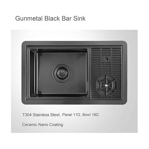  AS1514XGB Gunmetal Black Bar Sink with Glass Rinser Stainless Steel Undermount Prep Kitchen Sink 23-1/4 x 14 Inches Single Bowl