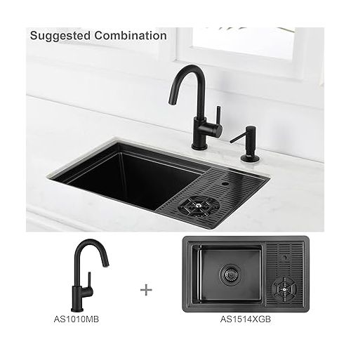  AS1514XGB Gunmetal Black Bar Sink with Glass Rinser Stainless Steel Undermount Prep Kitchen Sink 23-1/4 x 14 Inches Single Bowl