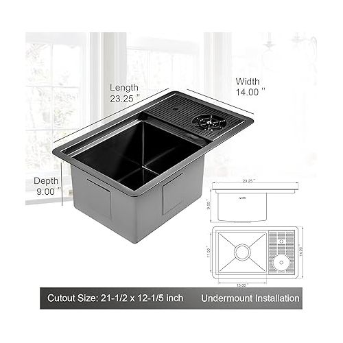  AS1514XGB Gunmetal Black Bar Sink with Glass Rinser Stainless Steel Undermount Prep Kitchen Sink 23-1/4 x 14 Inches Single Bowl