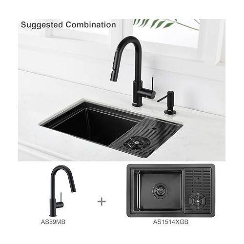  AS1514XGB Gunmetal Black Bar Sink with Glass Rinser Stainless Steel Undermount Prep Kitchen Sink 23-1/4 x 14 Inches Single Bowl