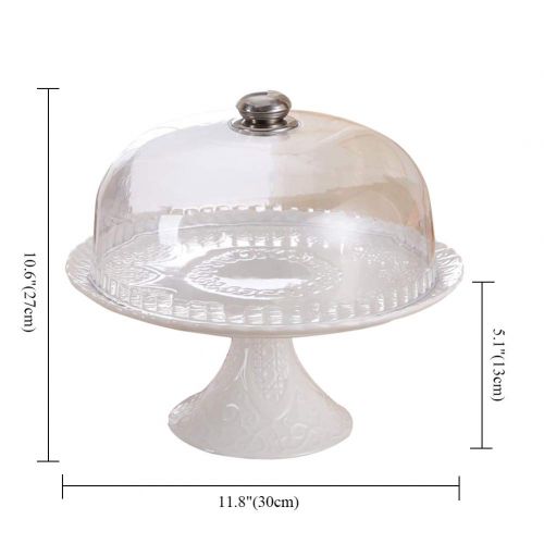  Agyvvt Cake Stand White Ceramic 12 Inch Cupcake Display Fruits Dessert Serving Tray with Clear Plastic Dome for Baby Shower Wedding Birthday Party Home Decoration