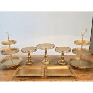 Agyvvt Set of 7 Pieces Cake Stand 3 Tier Cupcake Holder with Pendants and Beads for Wedding Birthday Party Dessert Candy Bar Display Gold
