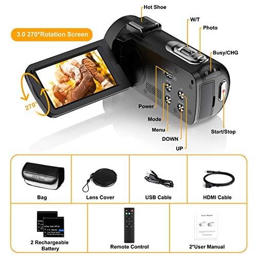  [아마존베스트]Ahlirmoy Videokamera Camcorder FHD 1080p 36MP Vlogging Kamera fuer YouTube IR Nachtsicht 30FPS Digitalkamera 3,0 270°Drehbarer IPS Bildschirm Kamera Camcorder mit 16X Digitalzoom, Fernbedien