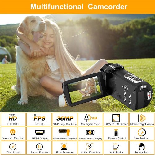  [아마존베스트]Ahlirmoy Videokamera Camcorder FHD 1080p 36MP Vlogging Kamera fuer YouTube IR Nachtsicht 30FPS Digitalkamera 3,0 270°Drehbarer IPS Bildschirm Kamera Camcorder mit 16X Digitalzoom, Fernbedien