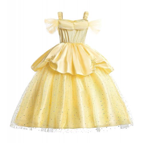  AiMiNa Girls Princess Belle Costume Fancy Dresses up Halloween Party with Accessories Age of 3-8 Years(Yellow)