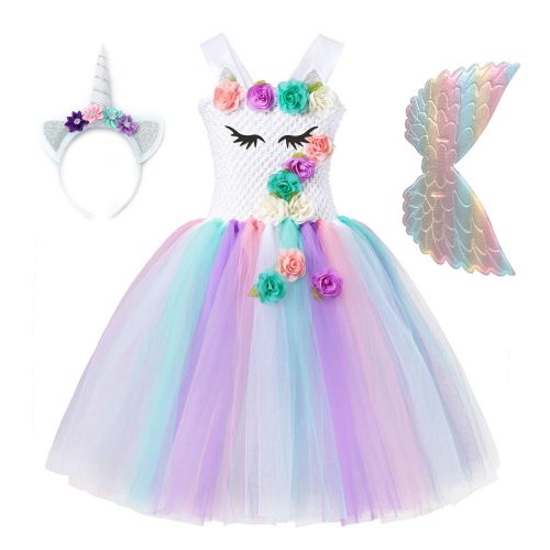  Aibeiboutique Unicorn Tutu Dress for Girls 3D Flower Princess Party Costume with Headband and Wings