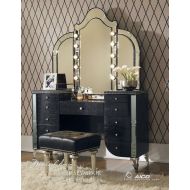 Aico Hollywood Swank Vanity with Bench Set 3 Piece in Black Iguana by Michael Amini