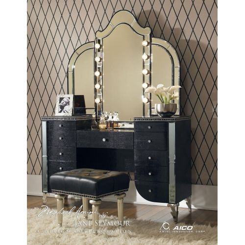  Aico Hollywood Swank Vanity with Bench Set 3 Piece in Black Iguana by Michael Amini