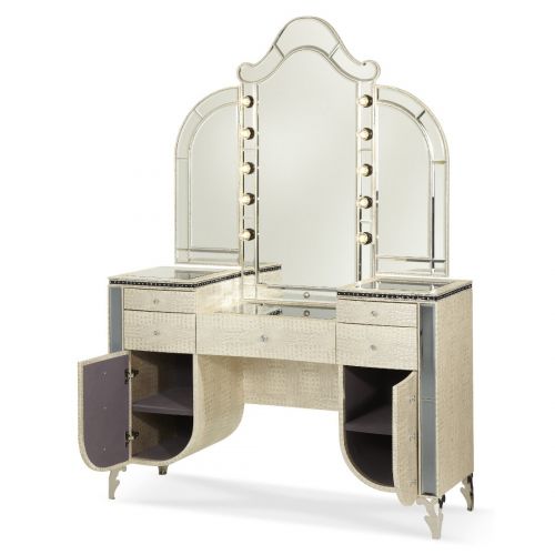  Aico Amini Aico Hollywood Swank Vanity with Bench Set 3 Piece in Crystal Croc by Michael Amini