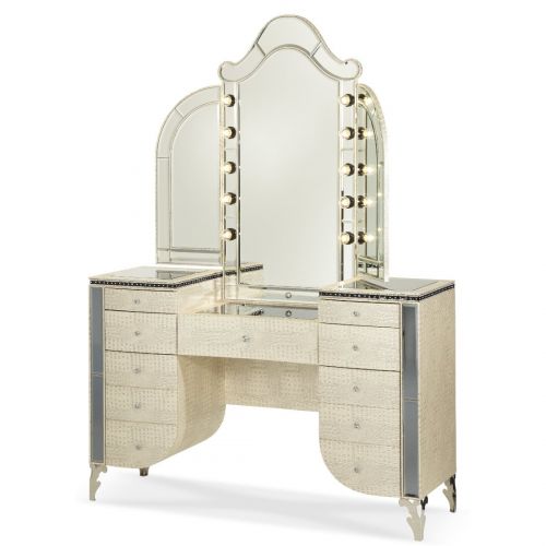  Aico Amini Aico Hollywood Swank Vanity with Bench Set 3 Piece in Crystal Croc by Michael Amini