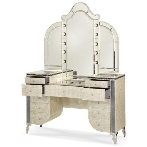  Aico Amini Aico Hollywood Swank Vanity with Bench Set 3 Piece in Crystal Croc by Michael Amini