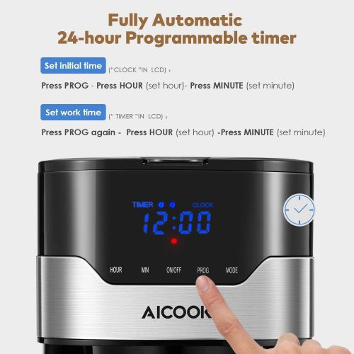  Aicook Kaffeemaschine mit Timer und Kaffeestarke lasst sich Verstellen, Anti-Drip-Funktion, Touchscreen, Dauerfilter, 900 W, Hochwertiger Edelstahl, Schwarz