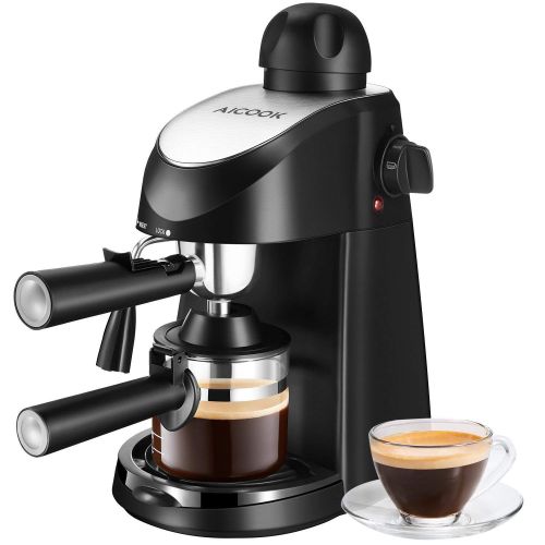  Aicook Kaffeemaschine mit Siebtrager | 5 bar Dampf-Kaffeemaschine | Professionelle Milchschaum Duese fuer Espresso Cappuccino und Latte, 1- 4 Tasse, 800W, Schwarz