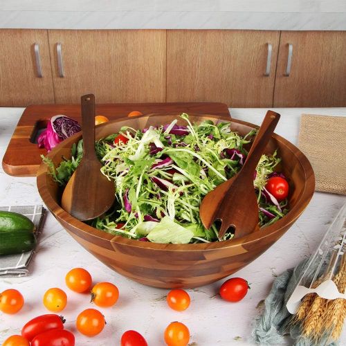  [아마존베스트]AIDEA Wooden Salad Bowl, 12.5Inch Acacia Wood with Salad Spoon and Fork Gift for Thanksgiving Day