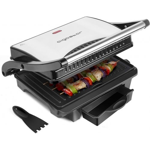  Aigostar Kontaktgrill, Multi-Grill, Sandwichtoaster,1000 Watt, Kaltetaste, Nonstick, Lichtanzeige, BPA frei, Silber,Hett 30HHJ