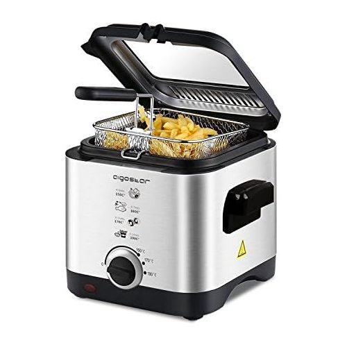  Aigostar Fries 3000041ZD - Mini Fritteuse,Temperaturkontrolle und Abnehmbarer Deckel Sichtfenster,Easy Clean,Edelstahl-Korb,1,5 Liter gross, 900W. EINWEGVERPACKUNG