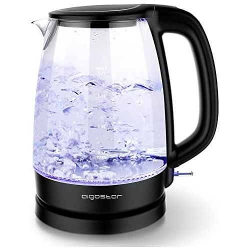  Aigostar Adam 30GOM - Glas Wasserkocher mit LED-Beleuchtung, 2200 Watt, 1,7 Liter, Trockenlaufschutz, BPA frei, schwarz. EINWEGVERPACKUNG