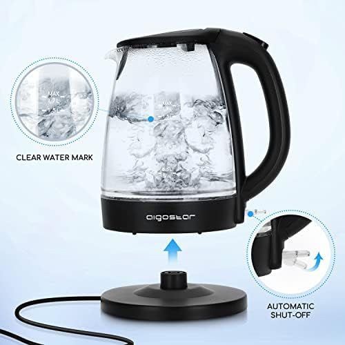  Aigostar Adam 30GOM - Glas Wasserkocher mit LED-Beleuchtung, 2200 Watt, 1,7 Liter, Trockenlaufschutz, BPA frei, schwarz. EINWEGVERPACKUNG