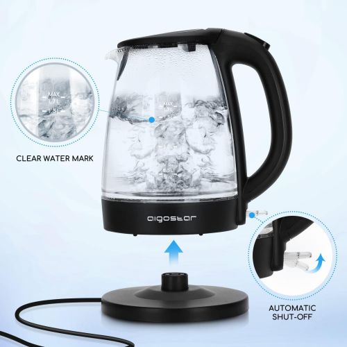  Aigostar Adam 30GOM - Glas Wasserkocher mit LED-Beleuchtung, 2200 Watt, 1,7 Liter, Trockenlaufschutz, BPA frei, schwarz. EINWEGVERPACKUNG