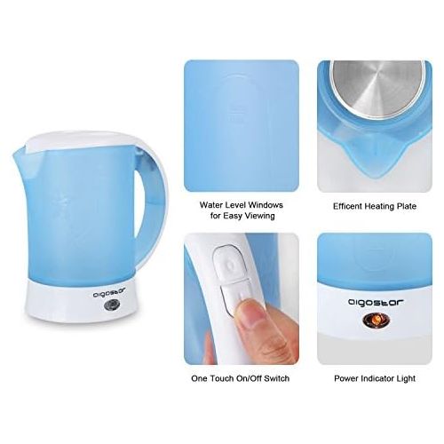  Aigostar Walking Drip 30JQK - Reisewasserkocher Integrated Design 650W, 0,6 Liter Mini Wassertopf, automatische Abschaltung mit Kochschutz, Inklusive 2 Tassen und 2 Loeffel, blau. E