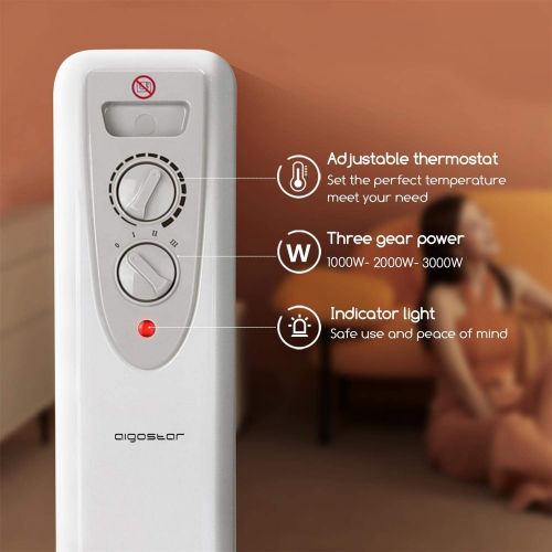  Aigostar Protector 33JHG - Tragbarer oelgefuellter Heizkoerper, 13 Lamellen, 2800Watt, sichere Warme mit Warmluft-System und Thermostat-Steuerung. EINWEGVERPACKUNG.