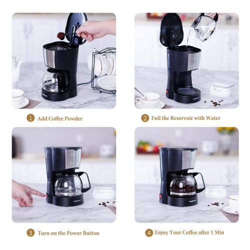  Aigostar Buck - Coffee Makers, 4 Cup Coffee Maker with Coffee Filter and Glass Carafe, Small Drip Coffee Machines with Stainless Steel Decoration for Home, Travel & Office, Black