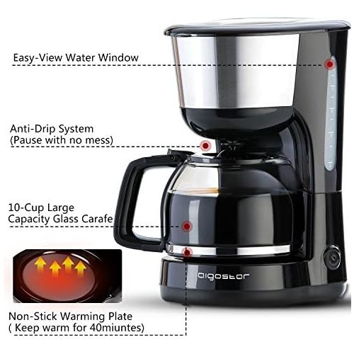  Aigostar Chocolate 30HIK - Elektrische Glas-Kaffeemaschine,1000 watt Filterkaffeemaschine,1.25l Caffee Maschine,BPA frei,schwarz. EINWEGVERPACKUNG.