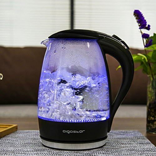  Aigostar Adam 30GOM - Borosilikatglas Wasserkocher mit LED-Beleuchtung, 2200 Watt, 1,7 Liter, Trockenlaufschutz, BPA frei, schwarz.