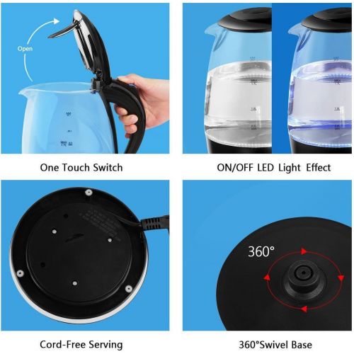  Aigostar Adam 30GOM - Borosilikatglas Wasserkocher mit LED-Beleuchtung, 2200 Watt, 1,7 Liter, Trockenlaufschutz, BPA frei, schwarz.
