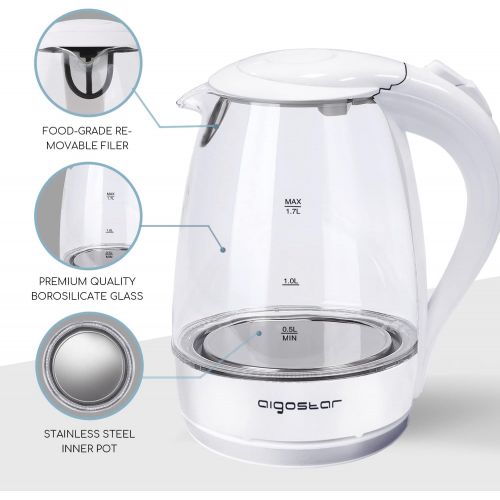  [아마존베스트]Aigostar Eve - Glass Electric Tea Kettle 1.7L 57OZ Cordless Electric Kettle for Boiling Water with Blue Led