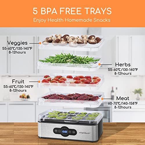  [아마존베스트]Aigostar Crispy  Dehydrator with 5 Compartments, Dehydrator for Meat, Fruit, Vegetables, Herbs, Stainless Steel with Timer and Temperature Control, 30-70 °C, Overheating Protectio